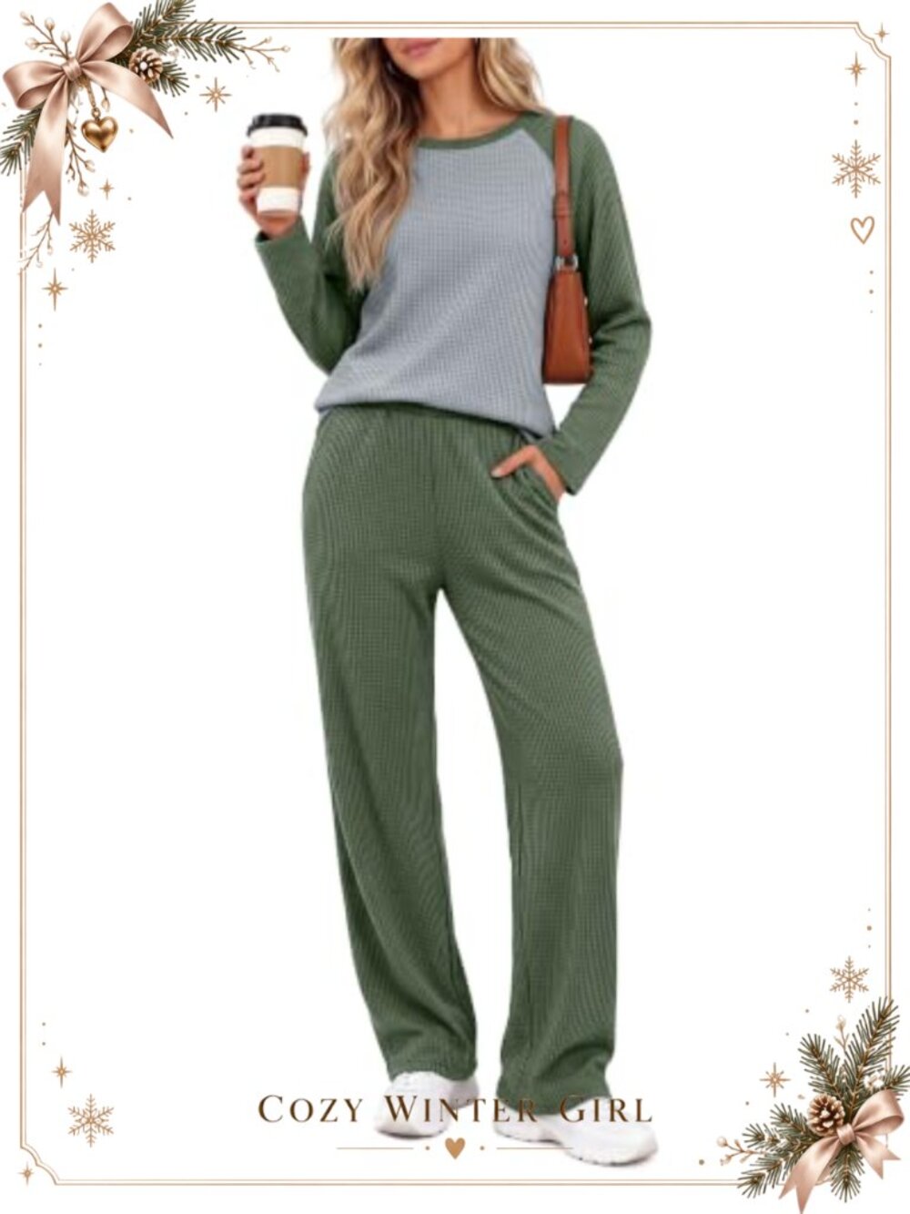 Waffle Knit 2 Piece Lounge Set Raglan Top Wide Leg Pants Pockets
